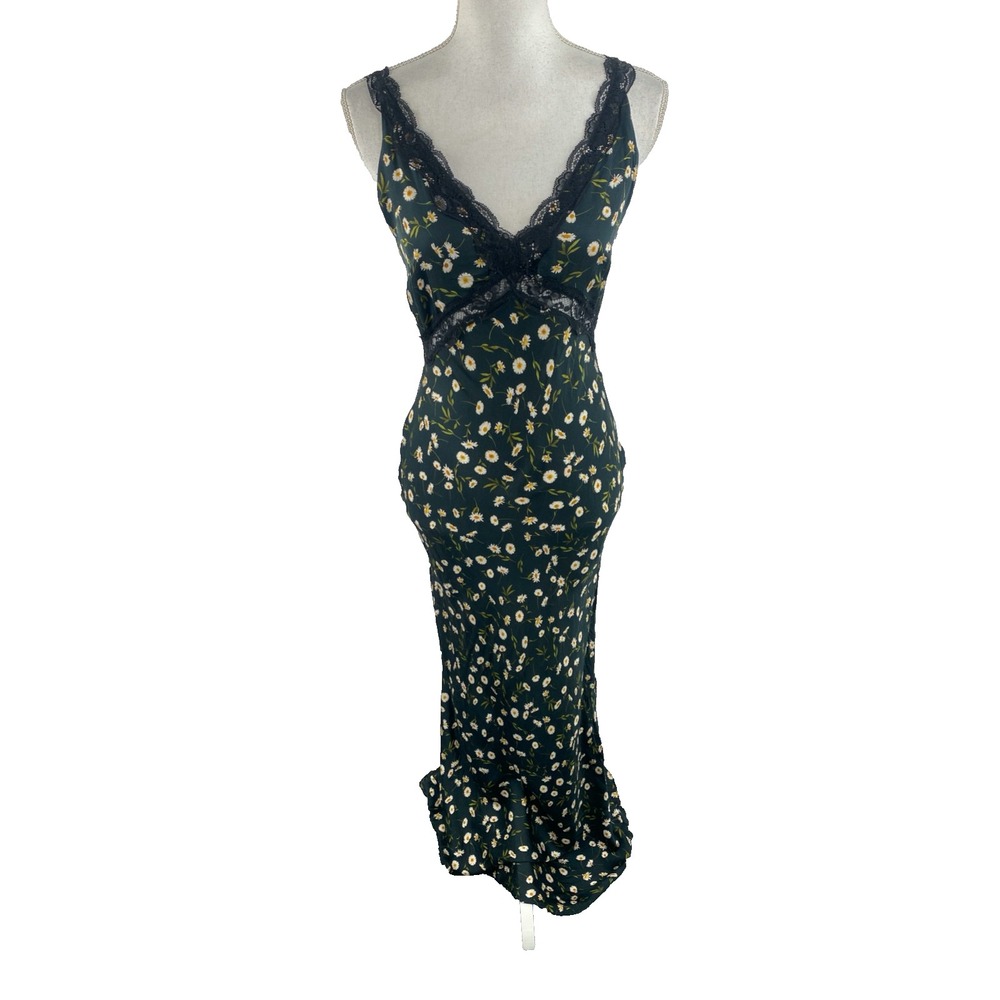 Anthropologie Women 6 V-Neck Floral Lace Trim Maxi Slip Dress Bias Ditsy Scallop